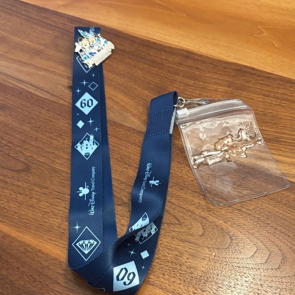 Disneyland Disney Blue White 60 year anniversary lanyard with pass pouch and pin